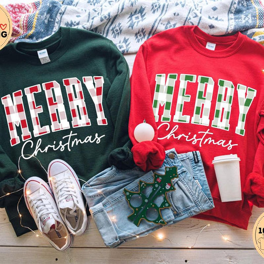 🎄🎁“Merry Christmas” Plaid Graphic Sweatshirt☃️🎅