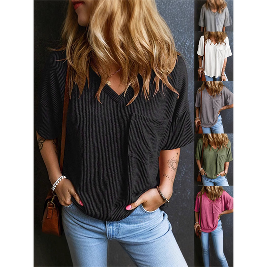 🌞Summer Sale 50% OFF🔥Ribbed Pocket V Neck Tee