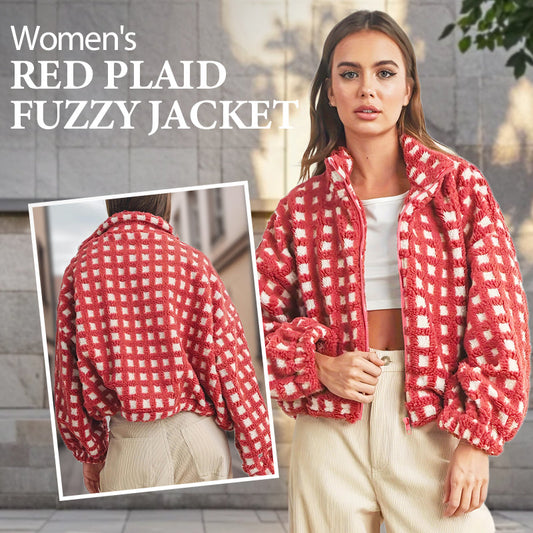 🔥Hot Sale 50% OFF🔥🧥Women's Red Plaid Fuzzy Jacket🎁
