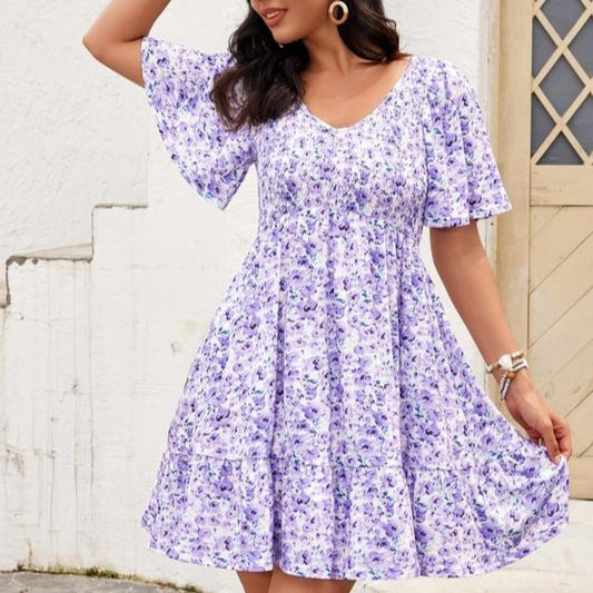 🌞2025 New Arrivals🔥Women's Cute Smocked V Neck Flutter Sleeve Mini Dress with Pockets
