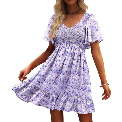 🌞2025 New Arrivals🔥Women's Cute Smocked V Neck Flutter Sleeve Mini Dress with Pockets