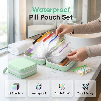 🥳2026 HOT SALE 💥50% OFF🏆💞65K+ SOLD!💊🧳A8 Waterproof Pill Pouch Set – 14 color‑coded pouches, waterproof & crush‑proof shell. Holds 7‑14 days of meds – perfect for travel & daily routines! 🗓️✨