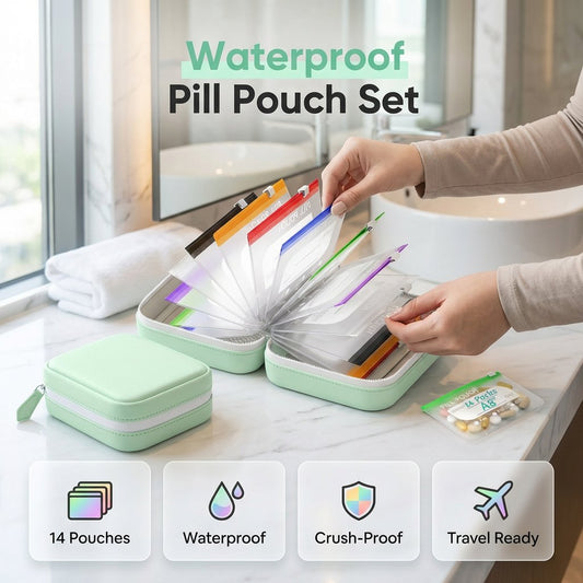 🥳2026 HOT SALE 💥50% OFF🏆💞65K+ SOLD!💊🧳A8 Waterproof Pill Pouch Set – 14 color‑coded pouches, waterproof & crush‑proof shell. Holds 7‑14 days of meds – perfect for travel & daily routines! 🗓️✨