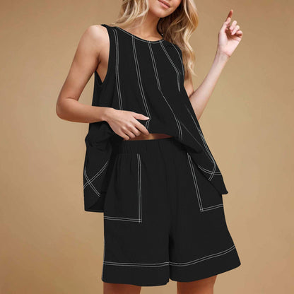 🏖️Summer Hot Sale🔥Women's Round-Neck Tank Top & High-Waisted Shorts Set🎁