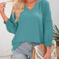 💥Last Day Special Sale 60% OFF👚Womens 3/4 Lantern Sleeve Casual V-Neck T-Shirts Pleated Loose Hollow-Out Blouse