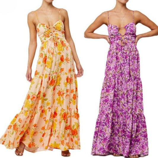🌞Summer Sale 50% OFF🔥Floral Print Tie Front Tiered Maxi Dress