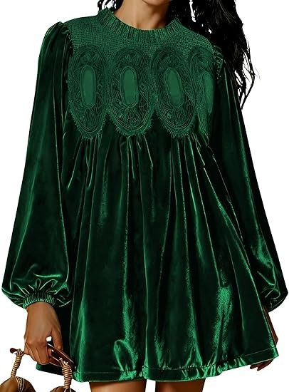 🎅 HOLIDAY HAUL SALE👗Womens A-Line Velvet Lace Overall Pleated Babydoll Mini Dress