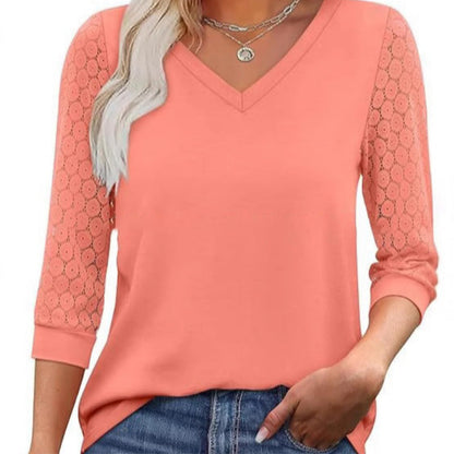 🏖️Summer Hot Sale 60% OFF🏝️Women's Casual V-Neck Lace 3/4 Length Sleeve Top💫