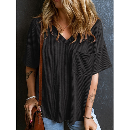 🌞Summer Sale 50% OFF🔥Ribbed Pocket V Neck Tee