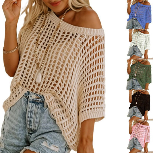 ⏳Time-Limited Special 60% Off⏰Womens Casual Short Sleeve Hollow Out Pullover Knit Tops