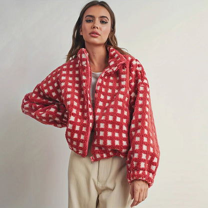 🔥Hot Sale 50% OFF🔥🧥Women's Red Plaid Fuzzy Jacket🎁