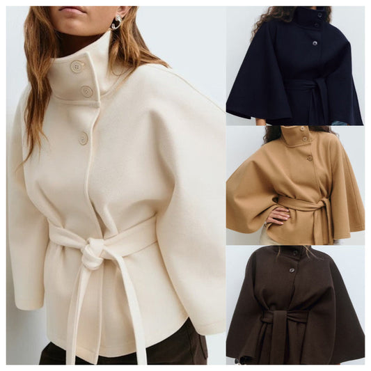 ❄️🧥Women's Stand Collar Cape-Style Coat with Belt🎁