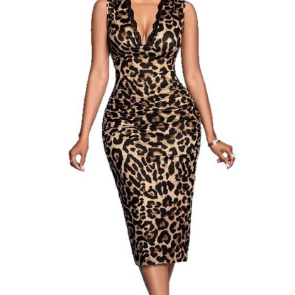 💞New arrival 60% OFF for a Limited Time!!👗Lace Trim V-Neck Leopard Print Bodycon Dress