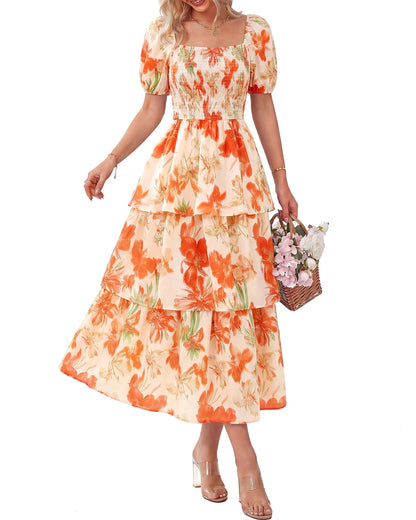🔥Summer Hot Sale 60% OFF💃Women's Floral Square Neck Puff Short Sleeve Smocked Tiered Dress