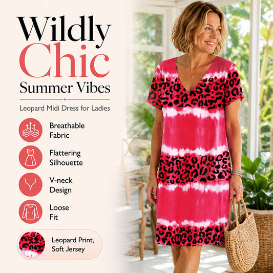 🏖️Summer Hot Sale 50% OFF🏝️🐆👗Women's Leopard Print V-Neck Midi Dress✨