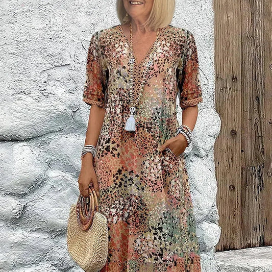 🏖️Summer Hot Sale 60% OFF🏝️👗Women's Vivid Printed V-Neck Midi Dress✨