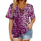 Women's Short Sleeve Leopard Lace-Up Loose Top
