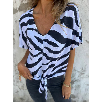 🌷2026 Summer Sale 50% OFF☀️👚Women's V-Neck Tie-Front Zebra Print T-Shirt✨