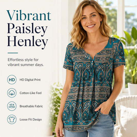 🏖️Summer Hot Sale 50% OFF🏝️👚Women's Paisley Print V-Neck Short Sleeve Top✨