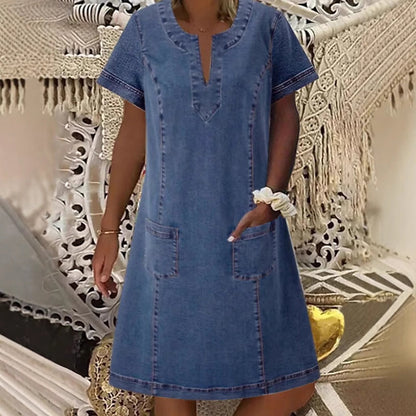 🏖️Summer Hot Sale 50% OFF🏝️👗Women's Short Sleeve V-Neck Denim Dress✨