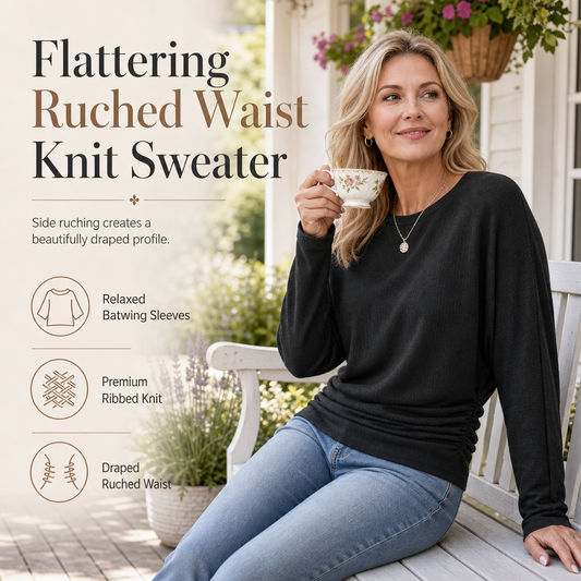 ⌛Limited Time Sale 60% OFF🔥👚Women's Loose Knit Jumper — Batwing Sleeves, Side Ruched🎁